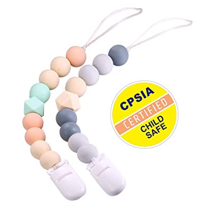 Ledes 2 Pack Silicone Pacifier Clip for Newborn Baby Boys Girls Infants Paci Clips Soothie Binky Pacifier Leashes Holder Teething Relief Teether Toy Birthday Shower Gift Beige/Green