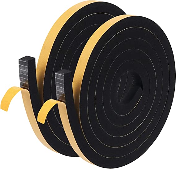 Weather Stripping Tape 12mm(W) x 12mm(T), Seal Foam Tape Self Adhesive Draught Excluder Sealer for Doors Windows Gaps Sound Insulation (2 Rolls Total 4M Long)