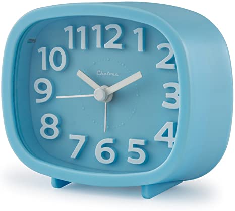 Chelvee Alarm Clock, 3” Quartz Analog Alarm Clock with Night Light, Ultra Small, Silent with No Ticking(Blue)