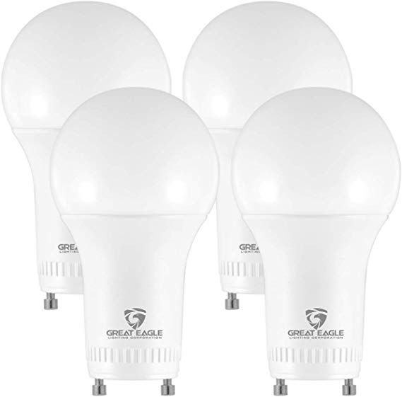 Great Eagle LED GU24 Base, A19 Shape, 15W (100W Equivalent), Dimmable, 3000K Soft White, 1570 Lumens, UL Listed, Twist-in Light Bulb (4-Pack)