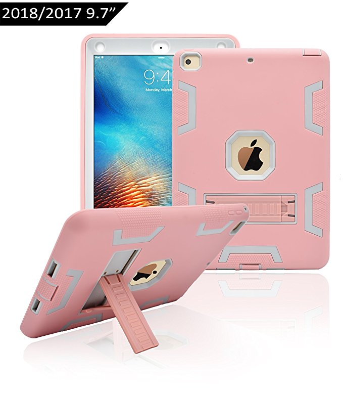 New iPad 9.7 inch 2018 / 2017 Case,Dailylux Three Layer Defender Heavy Duty Shock Absorption Rugged Hybrid Protective Case with Kickstand Cover for New iPad 9.7 Inch-Rose Gold Grey