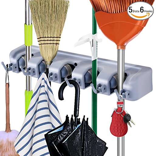 Durable Broom and Mop Holder Rack, Wall Mounted Mop Hanging Organizer by DealBang with 5 Slots & 6 Foldable Hooks Multi-used for Storage Tools on Garage, Kitchen and The Back Side of Door (Grey)