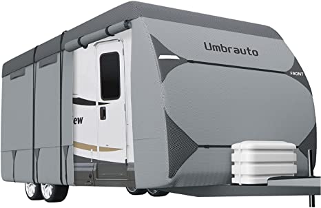 RV Cover Umbrauto 2022 Upgraded 7 Layers Top Camper Cover Windproof Travel Trailer Cover for 16' to 18' RV, Toy Hauler Cover with Tongue Jack Cover, Extra Windproof Ropes, Gutter Covers