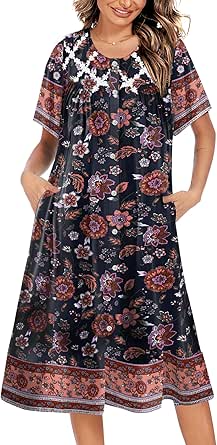 Ekouaer Women's Button Down Nightgown Short Sleeve House Dress Short House Coat with Pockets S-4XL