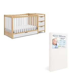 Graco Remi Crib & Mattress Nursery Essentials Pack (Natural & White) – GREENGUARD Gold Certified Baby Crib & Crib Mattress, Cribs with Mattress Included, Convertible Crib, Baby Mattresses for Crib