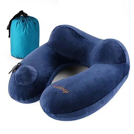 Inflatable Travel Pillow, Andake Folding Pillow with Soft Washable Pillowcase Neck Head Support for Airplanes/Cars/Home/Office Collapsible with Portable Pouch (Blue with Manual Inflating Button)