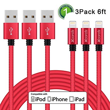 Xcords(TM) 3Pack 6Ft Nylon Braided 8 Pin Lightning to USB Cable Data Syncing Cord Compatible with iPhone 7/ 7 Plus/6/ 6 Plus/ 6s/ 6s Plus /5/5s/5c/SE/iPad/iPod/Beats Pill (Red)