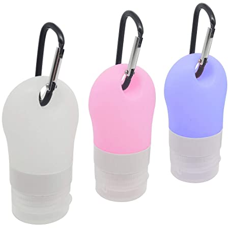 Silicone Hanging Travel Bottles, Vonpri Portable Mini Refillable Leakproof Travel Size Container Set with Keychain Ring Carabiners (3Pack, Clear-Blue-Pink)