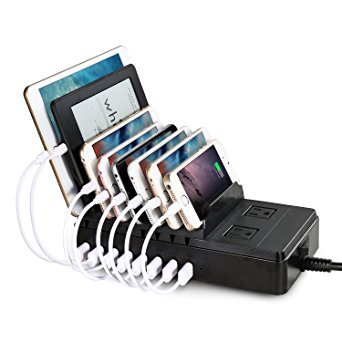 Upow 8-Port USB Charging Station with 2 AC Outlets [68W/2.4A Max] Desktop Multi-Device Charging Stand Organizer Docks for iPhone 6s / 6s Pus Galaxy S7/ S7 Edge and More