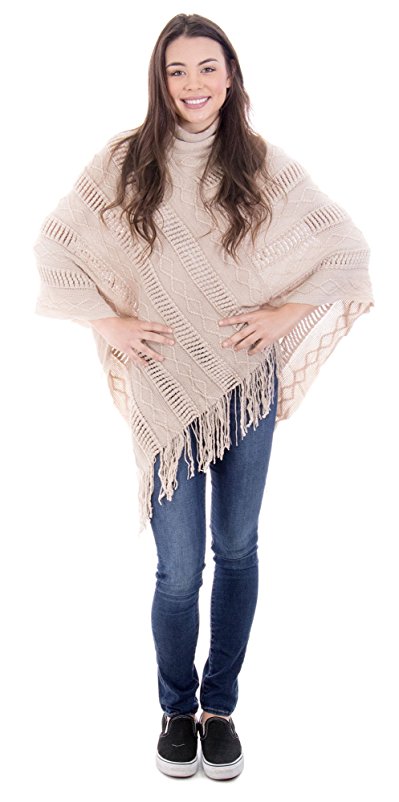 Women's Turtleneck Knitted Pullover Sweater Poncho Cape w/ Tassel Trim