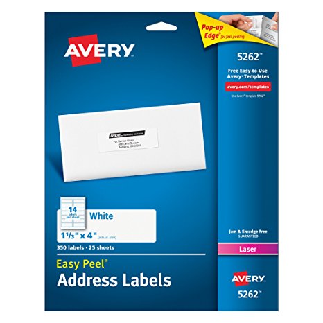 Avery Easy Peel Address Labels for Laser Printers 1-1/3" x 4", Pack of 350 (5262)