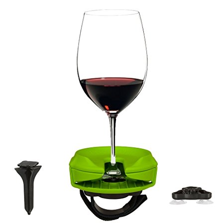Outdoor Wine Glass Holder by Bella D’Vine – 3 Attachments include Lawn Wine Stake For Picnics, Suction Base For Boats and Hot Tubs, Strap For Patio Chairs or Rails – Fun Wine Gift – Lime Green
