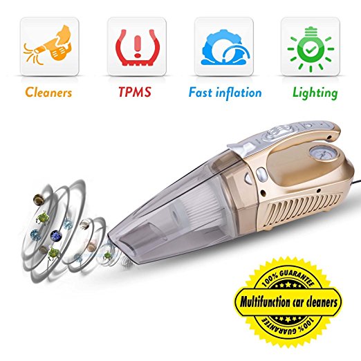 Car Dust Buster Hand Vac, TWOBIU(TM) 100W Vehicle Vacuum Cleaner with Tire Pressure Monitor Tire Inflation Flashlight-Gold
