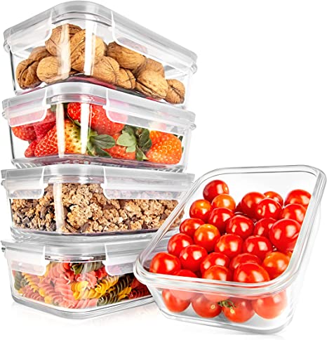 NutriChef 10-Piece Glass Food Containers - Stackable Superior Glass Meal-prep Storage Containers, Newly Innovated Leakproof Locking Lids w/Air Hole, Freezer-to-Oven-Safe (Gray)