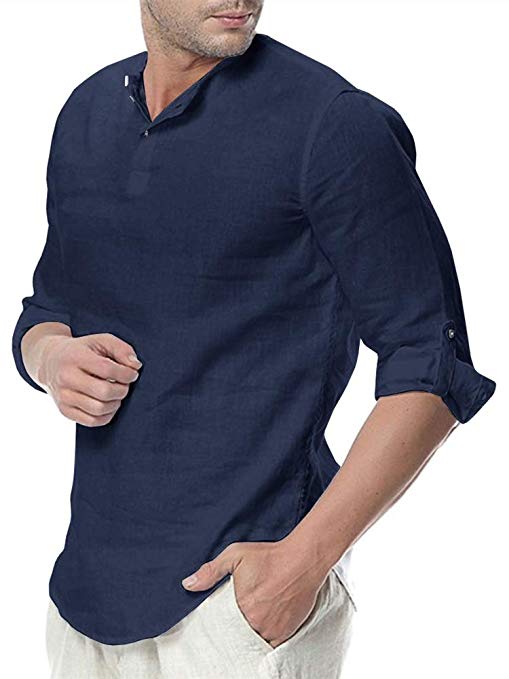 Makkrom Mens Linen Henley Shirts Short Sleeve Loose Casual Summer Solid T Shirts