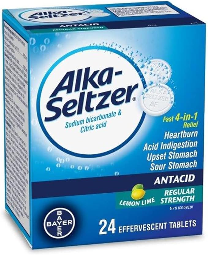 Alka-Seltzer Antacid Heartburn Relief Effervescent Tablets - Antacid Tablets For Heartburn, Acidity, Upset Stomach, Sodium Bicarbonate And Citric Acid, Lemon Lime Flavour, 24 Effervescent Tablets