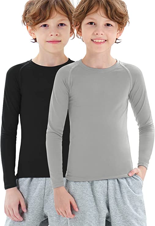 2 Pack Youth Boys Thermal Compression Shirts Long Sleeve Fleece Baselayer Soccer Baseball Running Base Layer Undershirt