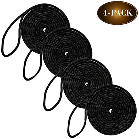 DC Cargo Mall 4 Marine-Grade Double-Braided Dock Lines | ⅜” X 15’ Double-Braided Nylon Dock Line with 12” Eyelet | Dock Line for Boats