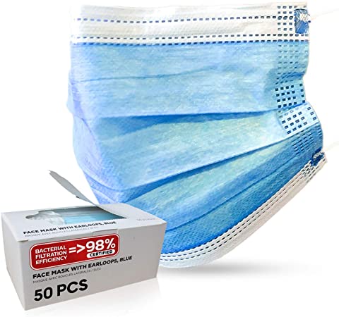 IPRIMIO BFE 98% Tested Safety Protective Face Masks Pack Of 50-3-Ply Breathable and Comfortable Layer with Elastic Ear Loop and Nose Clip - Nelson USA Lab Tested - For Adults, Men and Women (50 Pack)