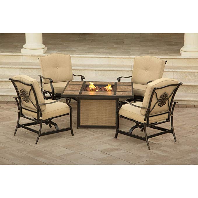 Hanover TRADTILE5PCFP Traditions 5-Piece Aluminum Rust-Free Patio Fire Pit Lounge Set Outdoor Furniture, Natural Oat/Antique Bronze