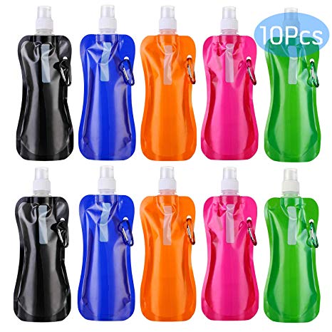 recyco Collapsible Water Bottle 10 Pcs (16 oz), Reusable Drinking Water Bottle with Carabiner for Travel 5 Colors