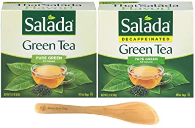 Salada Tea, Pure Green Tea and Decaffeinated Pure Green Tea, 1 Box of Each (80 Total Bags) - with MYD Drink Stirrer