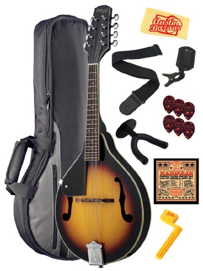 Stagg M20-LH Left Handed Bluegrass Mandolin Bundle with Gig Bag, Wall Hanger, Tuner, Strap, Strings, String Winder, Picks, and Polishing Cloth - Violinburst