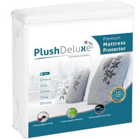 Twin Premium 100 Waterproof Mattress Protector Hypoallergenic Vinyl Free Breathable Soft Cotton Terry Surface - 10 Year Warranty From PlushDeluxe