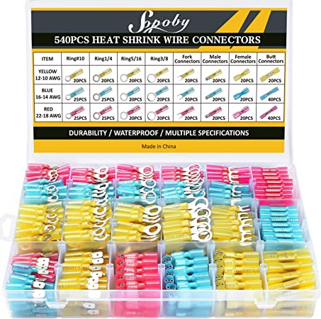 540PCS Marine Grade Heat Shrink Wire Connectors - Sopoby Electrical Connectors Kit of Tinned Red Copper, AWG 22-10 Waterproof Crimp connectors terminals Insulated Ring Fork Spade Butt Splices