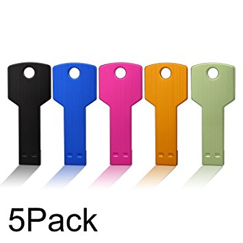 JUANW 5Pieces 4GB USB 2.0 Metal Flash Drive Memory Stick Key Shape (Five Mixed Colors: Black Blue Pink Gold Green)
