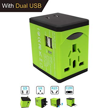 AllEasy International Power Adapter Travel Adapter Plug Converter 2.4A Dual USB Ports, Universal Power Adapter Wall Charger UK, EU, AU, Asia Covers 150 Countries (Green)
