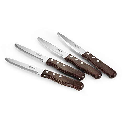 Tramontina A-500DS Porterhouse Stainless Steel 4-Piece Steak Knife Set, Rounded Tip, Hardwood Handle, Made in Brazil