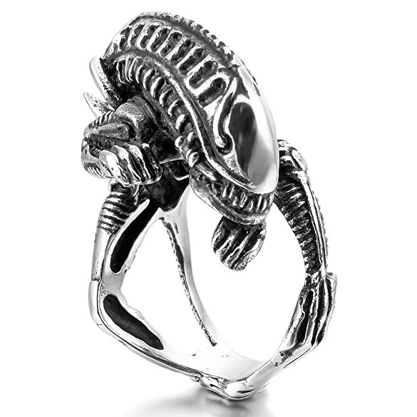 INBLUE Men's Stainless Steel Ring Silver Tone Black Alien Dragon Hollow Openwork