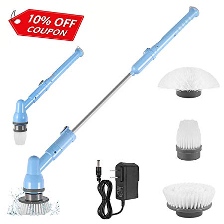 Electric Spin Scrubber, 360 Cordless Rechargeable Tub and Tile Scrubber with 3 Replaceable Cleaning Brush Heads, Extension Handle and Adapter for Bathroom, Kitchen