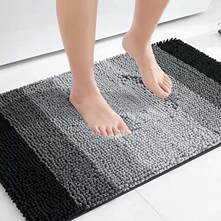 OLANLY Luxury Chenille Bathroom Rug Mat, Extra Soft Thick Absorbent Shaggy Bath Rugs, Non-Slip Machine Wash Dry Plush Bath Mats for Bathroom, Tub and Shower, 16x24, Black