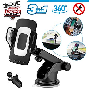Car Phone Mount, 3-in-1 Cell Phone Holder Smartphone Car Air Vent Mount Holder Cradle Dashboard Mount Windshield Mount 360°Adjustable Rotating Cell Phone Mount for iPhone Samsung Google Huawei
