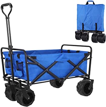 Folding Collapsible Outdoor Utility Wagon Cart, Heavy Duty Garden Cart with All-Terrain Wheels and Carrying Bag for Shopping, Beach, Yard (Blue)