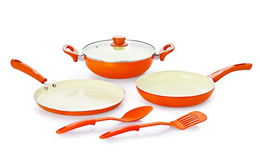 Nirlon Ceramic Aluminium Cookware Set, 5-Pieces, Orange (BT-CERAMIC-6PCSGIFTSET)