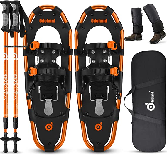 Odoland 4-in-1 Lightweight Snow Shoes Set for Men Women Youth Kids, Easy to Use Snowshoes with Trekking Poles, Waterproof Snow Leg Gaiters and Carrying Tote Bag, Size 21''/25''/30''