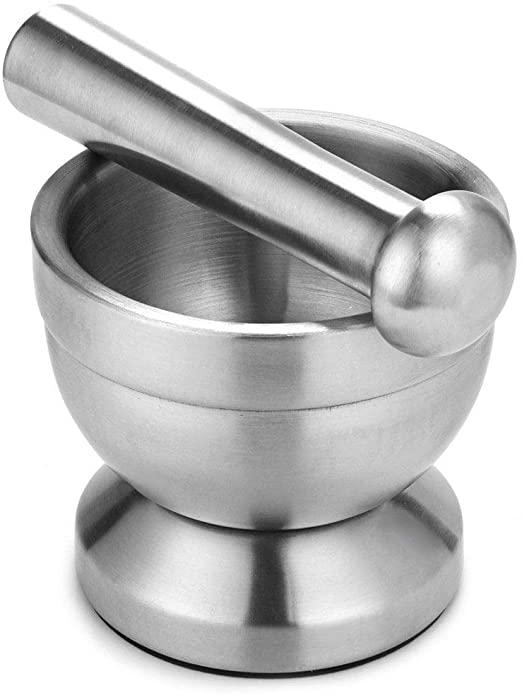 Stainless Steel Mortar and Pestle/Spice Grinder/Molcajete for Crushing Grinding Ergonomic Design with Anti Slip Base and Comfy Grip