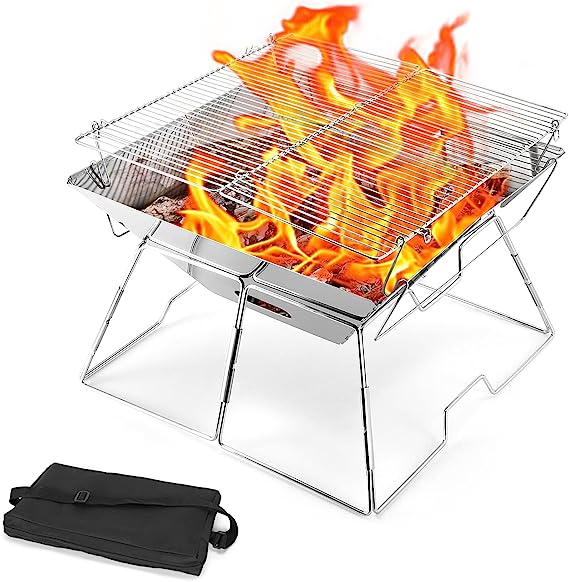 Odoland Folding Campfire Grill, 304 Stainless Steel Grate Barbeque Grill, Portable Camping Grill with Legs for Picnics, Backpacking, Outdoor with Carrying Bag and Kitchen Tongs