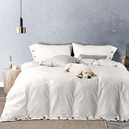 JELLYMONI Full Size Pure White 100% Washed Cotton Duvet Cover Set, 3 Pieces Luxury Soft Bedding Set with Buttons Closure. Solid Color Pattern Duvet Cover(No Comforter)