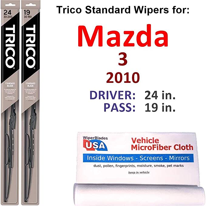 Wiper Blades Set for 2010 Mazda 3 Driver/Pass Trico Steel Wipers Set of 2 Bundled with MicroFiber Interior Car Cloth