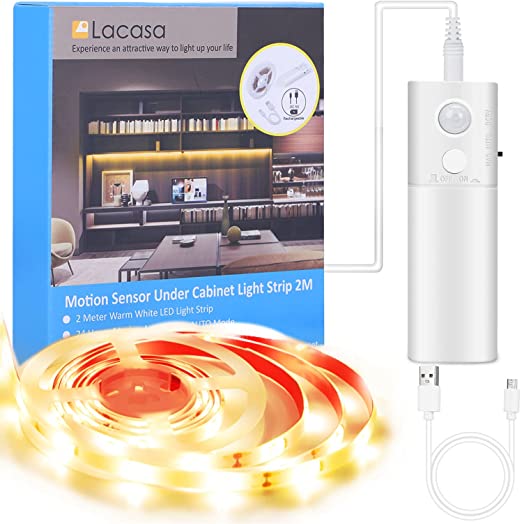 Lacasa Motion Sensor Under Cabinet Light, 80" Long LED Light Strips, Rechargeable Large Battery, Push On/Off Option, Strong Adhesive, Warm White, Lighting for Kitchen, Under Counter, Wardrobe, Closet