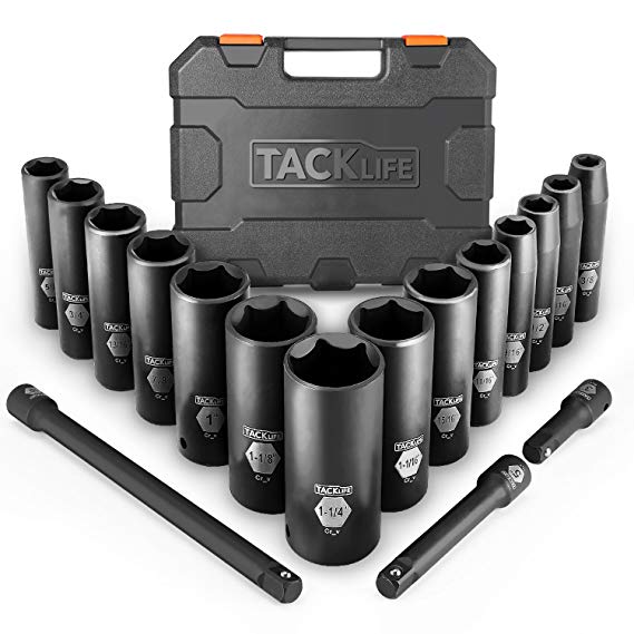 TACKLIFE 1/2-Inch Drive Master Deep Impact Socket Set, Inch, CR-V, 6 Point, 3/8-1-1/4 inch, 17 PCS with 3 Extensions - HIS2A