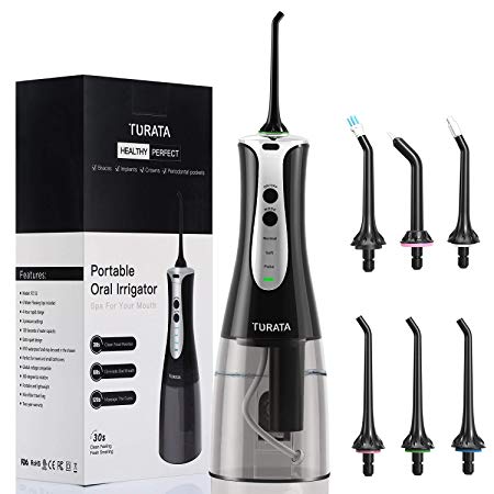 Portable Water Flosser Cordless Oral Irrigator, TURATA 300ml Rechargeable Teeth Cleaner For Travel & Home, 3 Flossing Modes with 6 Multifunctional Tips For Braces & Implants