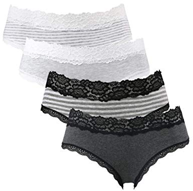 ATTRACO Womens Cotton Underwear Lace Hipster Panties Stretch Bikini Panty Thongs