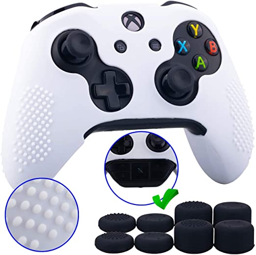 9CDeer 1 Piece of Studded Protective Silicone Cover Skin Sleeve Case   8 Thumb Grips Analog Caps for Xbox One/S/X Controller White compatible with Official Stereo Headset Adapter