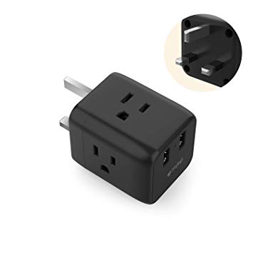 UK Ireland Hong Kong Power Adapter, TROND 5 in 1 UK to US Travel Plug Adapter with 2 USB Ports and 3 American Sockets, for England Scotland Singapore Malaysia (Type G), Black