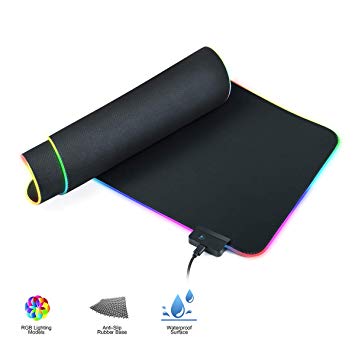 sicotool Large RGB Gaming Mouse pad, Oversized Glowing Led Soft Extended Mousepad Black,Non-Slip Rubber Base Gaming PC Computer Keyboard Pad Mat, Anti-Fray Cloth Water-Resistant Mouse Pads,31.5x11.8